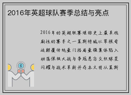 2016年英超球队赛季总结与亮点