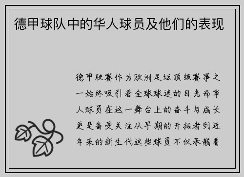德甲球队中的华人球员及他们的表现