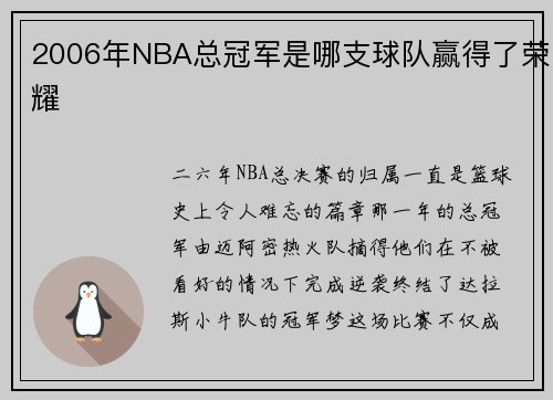 2006年NBA总冠军是哪支球队赢得了荣耀